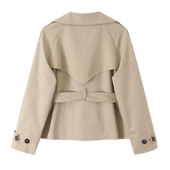 Women Lightweight Cropped Trench with Overlapping Shawl Collar and Waist Tie Belt