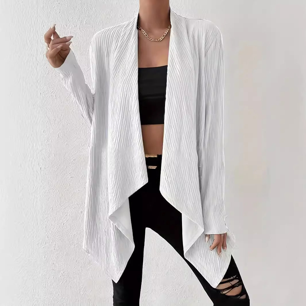 Women's Open Crinkle Cardigan with Waterfall Hem and Longline Silhouette