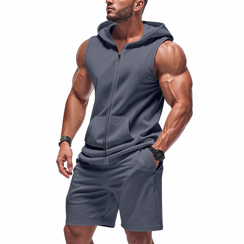 Men's Sporty Hoodie Set with Sleeveless Sweatshirt, Full Zip, and Training Shorts