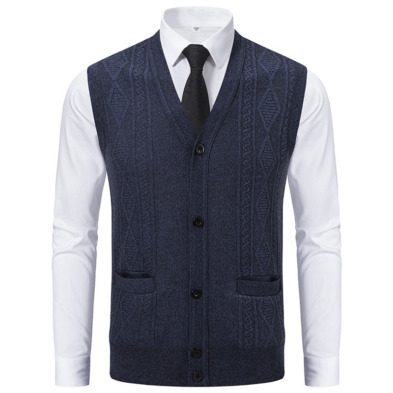 Men's V-neck Knitted Vest with Cable Pattern, Continuous Button Placket and Patch Pockets