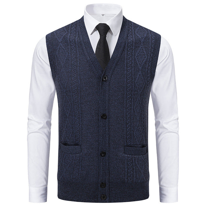 Men's V-neck Knitted Vest with Cable Pattern, Continuous Button Placket and Patch Pockets