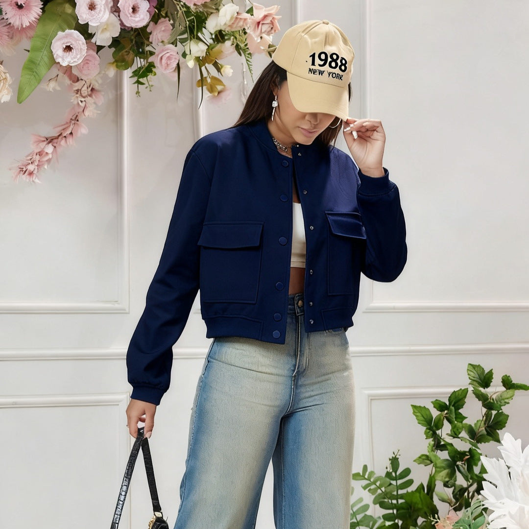Women's Short Utility Jacket with Stand Collar, Snap Buttons and Flap Pockets