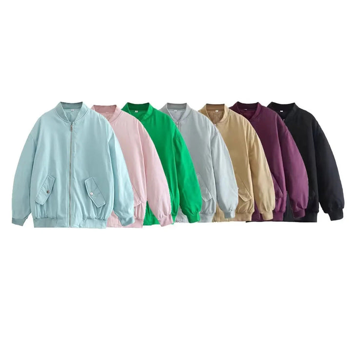 Women's Oversized Bomber Jacket with Stand-up Collar, Zipper and Snap Button Pockets