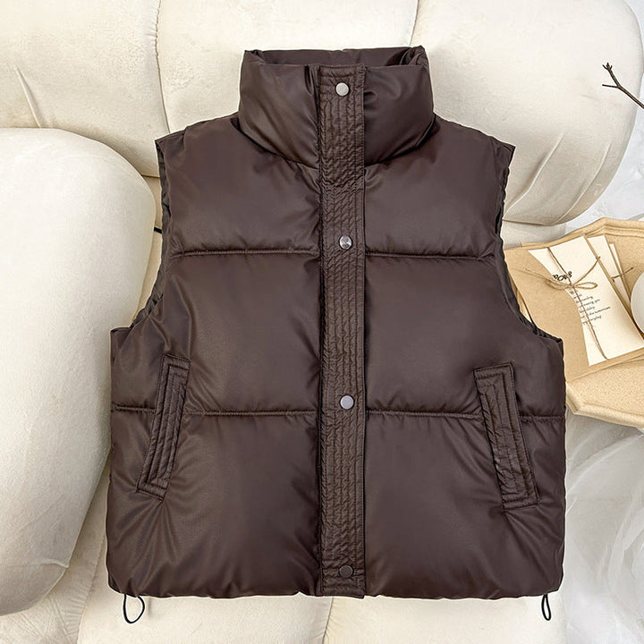Women's Sleeveless Padded Quilted Vest with High Stand-up Collar and Drawstring