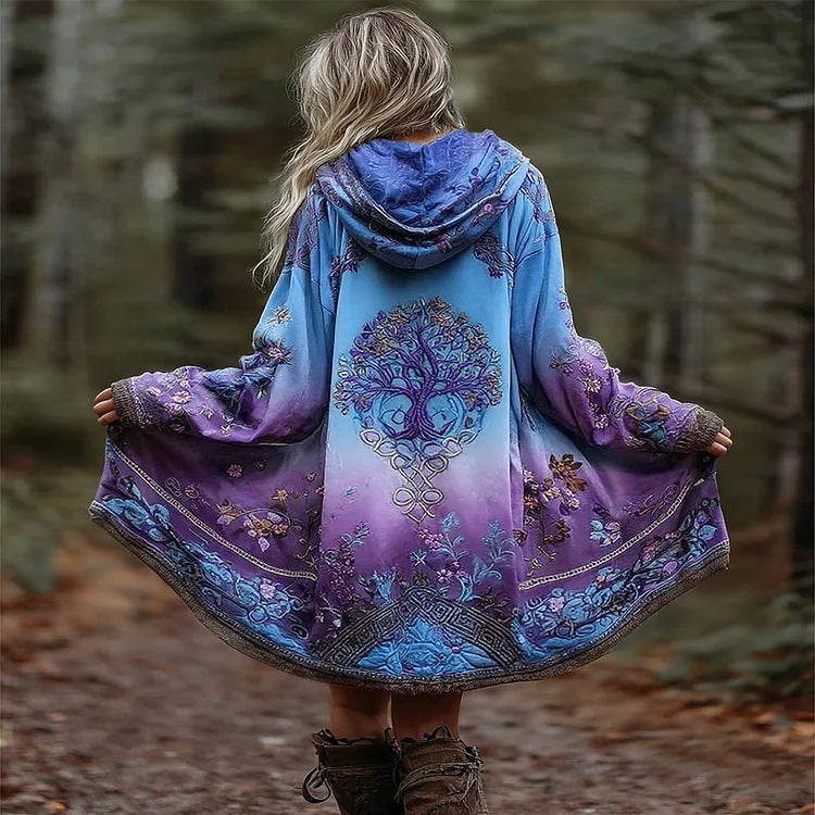 Women's Boho Hooded Coat in Swing Cut with Tree Motif and Gradient