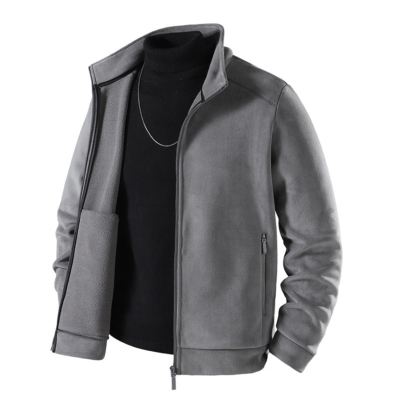 Men's Simple Velvet-Look Transitional Jacket with High-Closing Stand-Up Collar, Concealed Two-Way Zipper & Zip Pockets