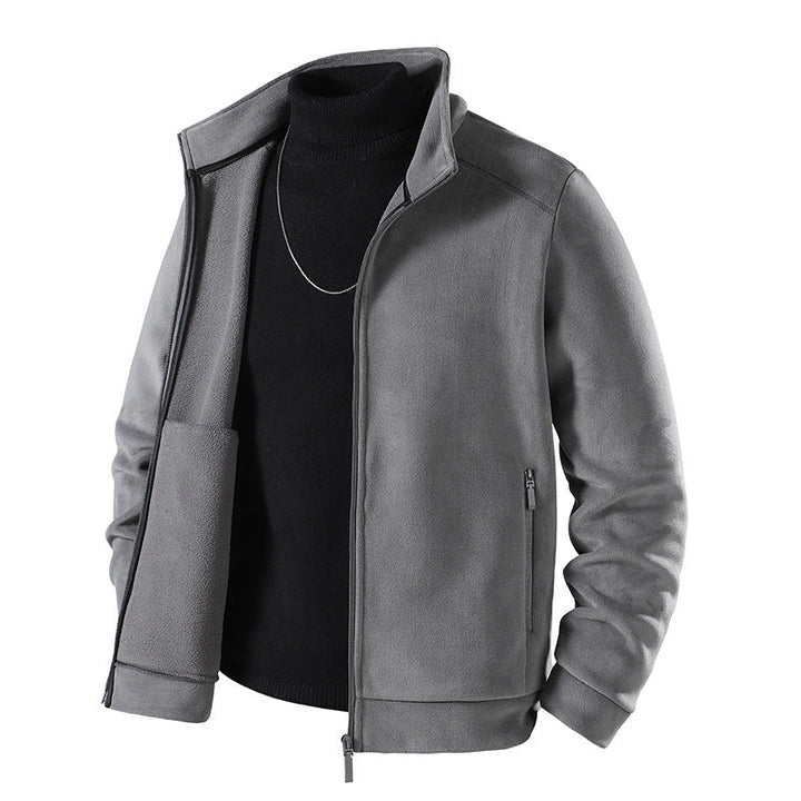 Men's Simple Velvet-Look Transitional Jacket with High-Closing Stand-Up Collar, Concealed Two-Way Zipper & Zip Pockets