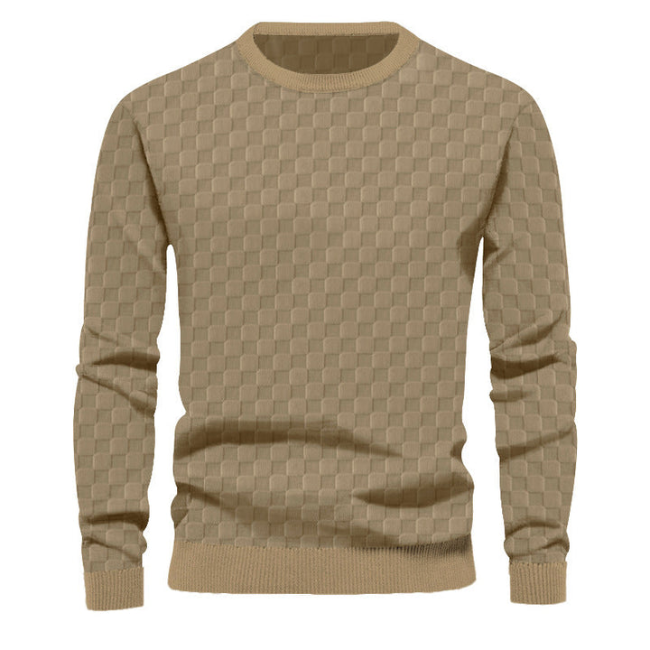 Men's Finely Structured Round Neck Sweater with Check Relief and Ribbed Cuffs