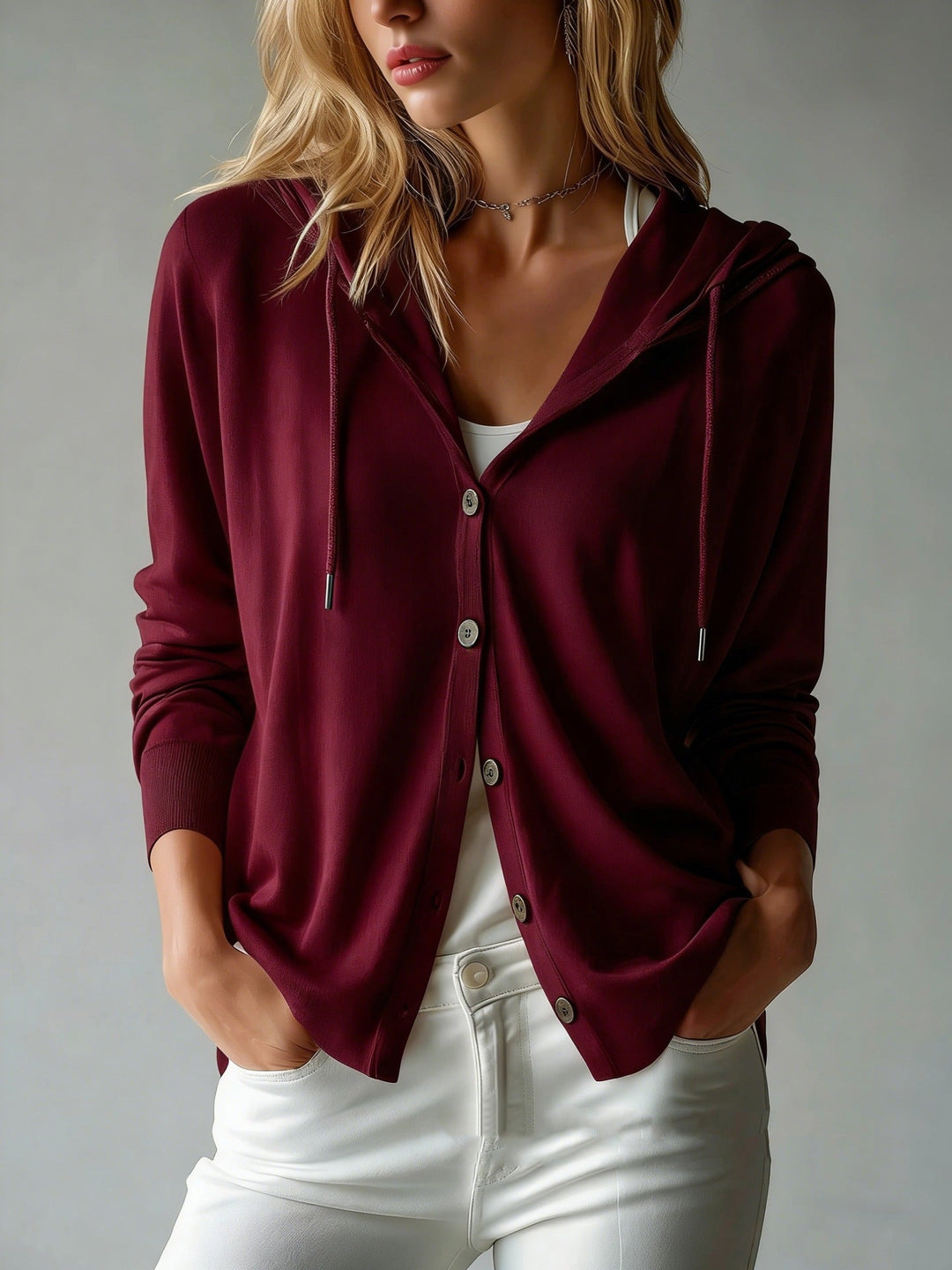 Women Lightweight Hooded Cardigan with Button Placket and Drawstring