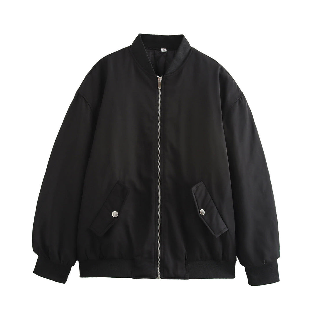 Women's Oversized Bomber Jacket with Stand-up Collar, Zipper and Snap Button Pockets