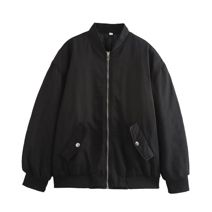 Women's Oversized Bomber Jacket with Stand-up Collar, Zipper and Snap Button Pockets