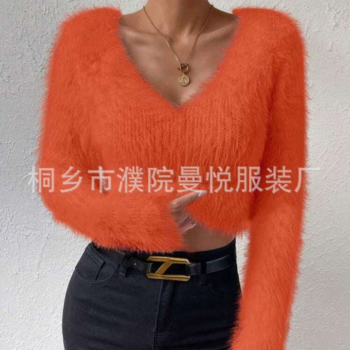 Women's Fluffy Crop Sweater with V-Neck and Eyelash Structure