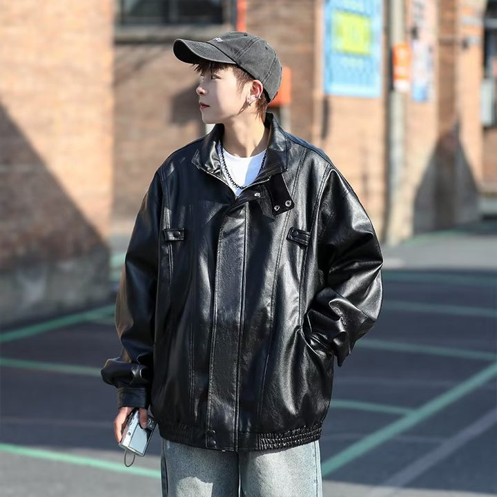 Men's Oversized Faux Leather Bomber Jacket with Stand Collar and Elastic Hem