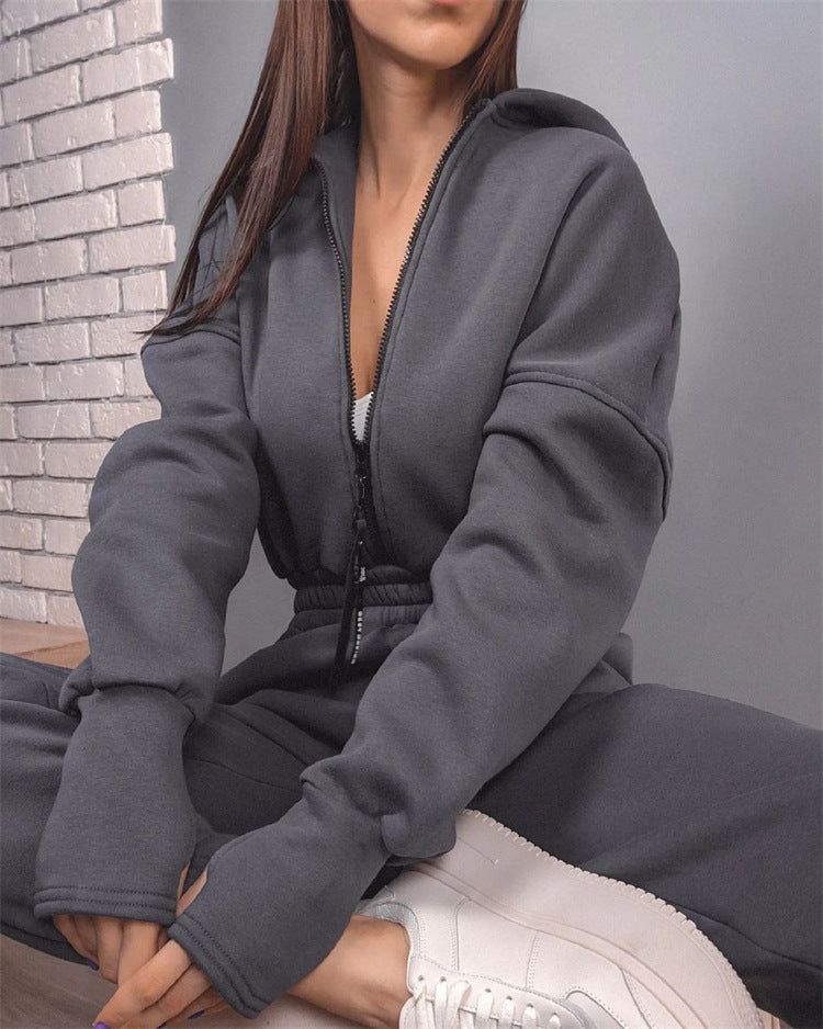 Women's Tailored Hooded Sweat Jumpsuit with Zipper and Elastic Waistband