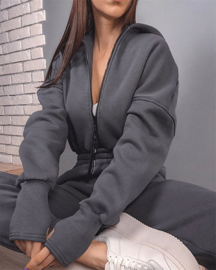 Women's Tailored Hooded Sweat Jumpsuit with Zipper and Elastic Waistband