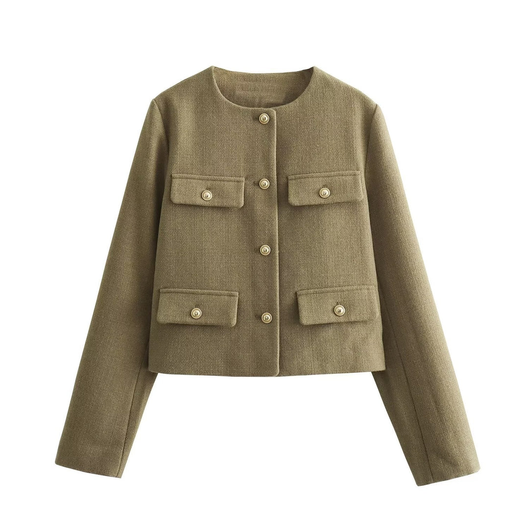 Women's Short-cut Bouclé Tweed Jacket with Round Neckline Decorative Button Details and Attached Flap Pockets