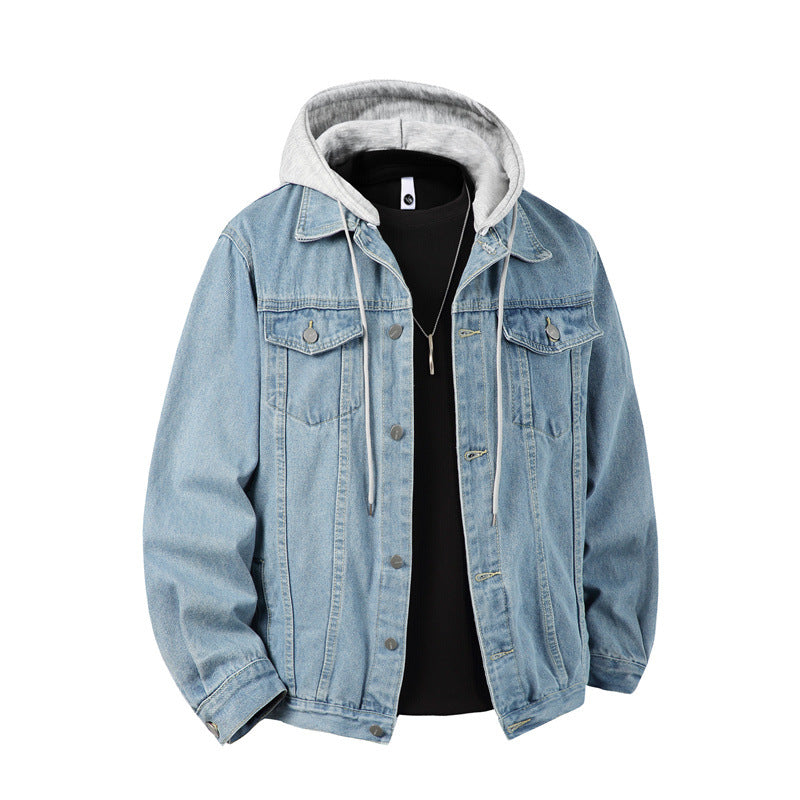 Men's Denim Jacket with Attached Hood Layered Look Robust Cotton Blend