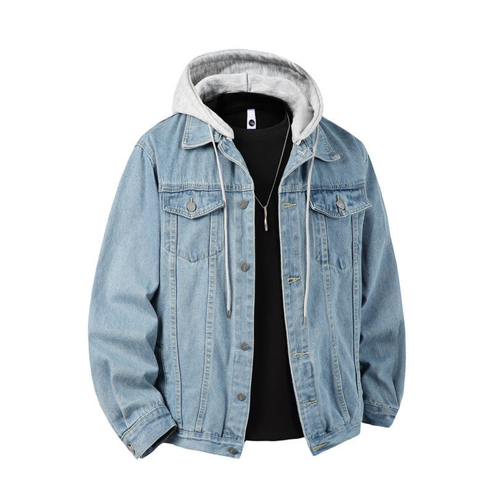 Men's Denim Jacket with Attached Hood Layered Look Robust Cotton Blend