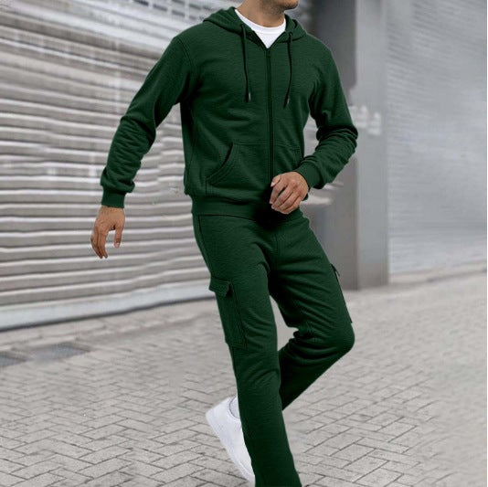 Men's Sporty Zip Sweat Set with Cargo Joggers, Ergonomic Seams, and Ribbed Cuffs