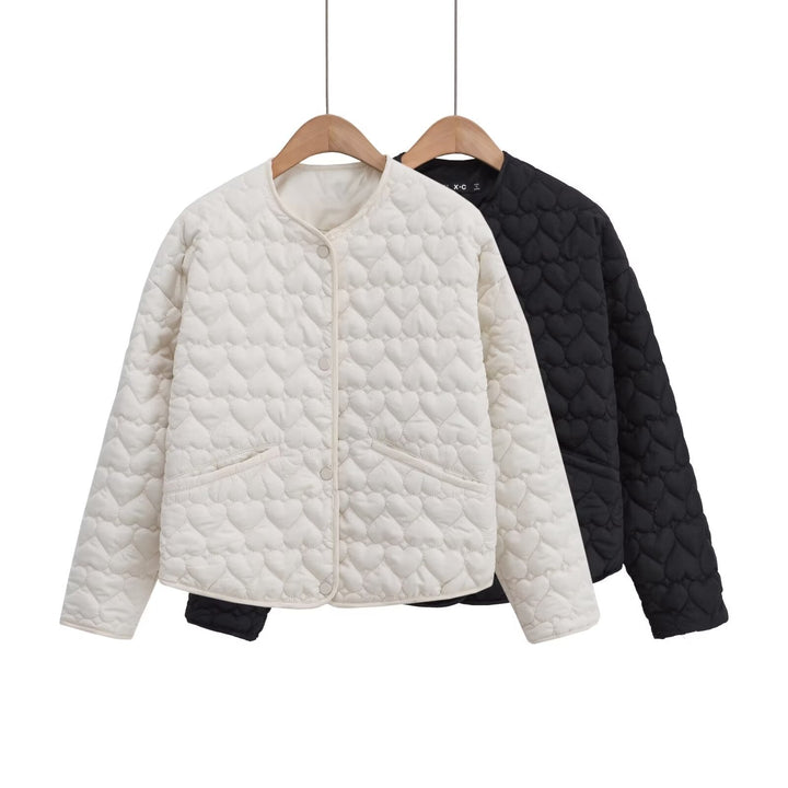 Women Quilted Short Jacket with Heart Quilting, Round Neckline and Snap Buttons