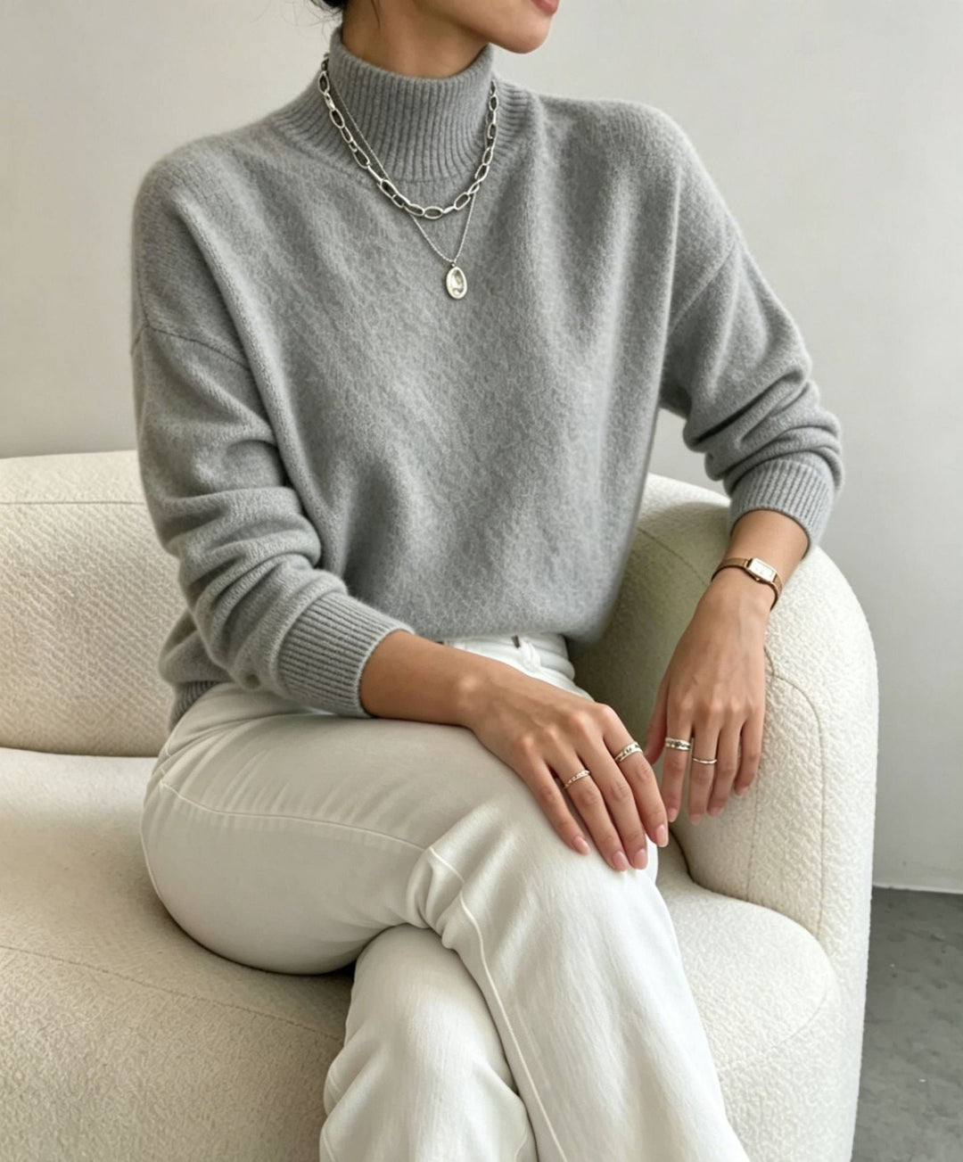 Women's Cozy Fine-knit Pullover with Stand-up Collar and Drop Shoulder