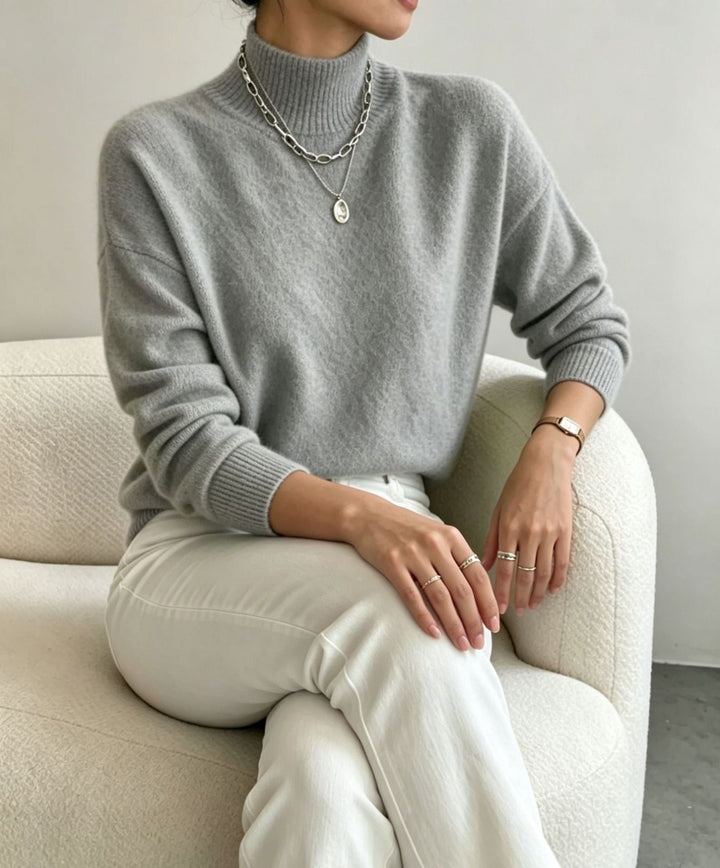 Women's Cozy Fine-knit Pullover with Stand-up Collar and Drop Shoulder