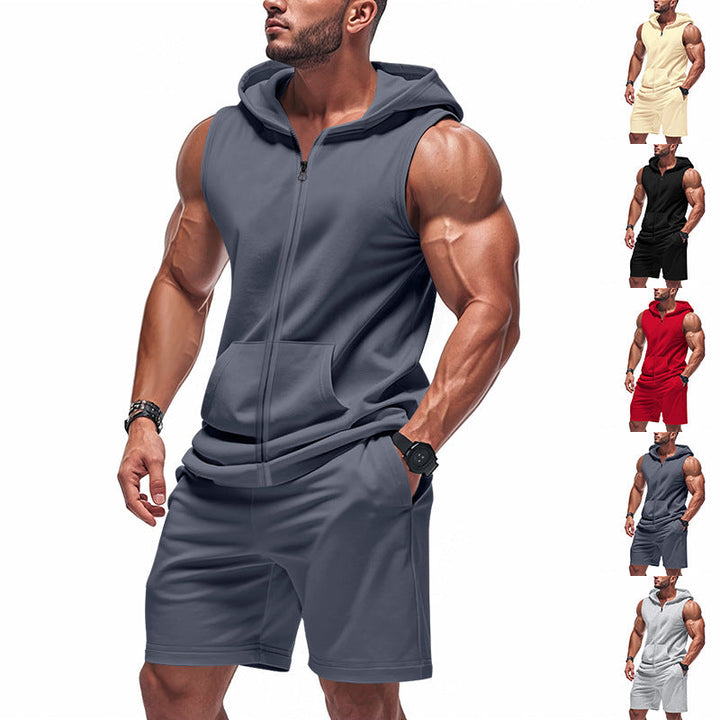 Men's Sporty Hoodie Set with Sleeveless Sweatshirt, Full Zip, and Training Shorts