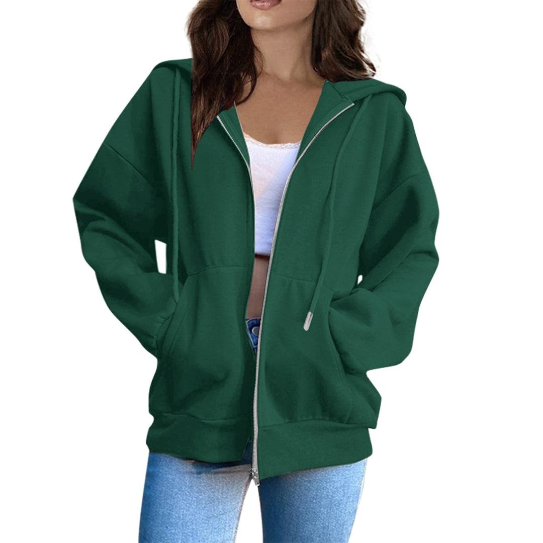 Women's Casual Hoodie Jacket with Continuous Zipper, Kangaroo Pockets, and Voluminous Raglan Sleeves