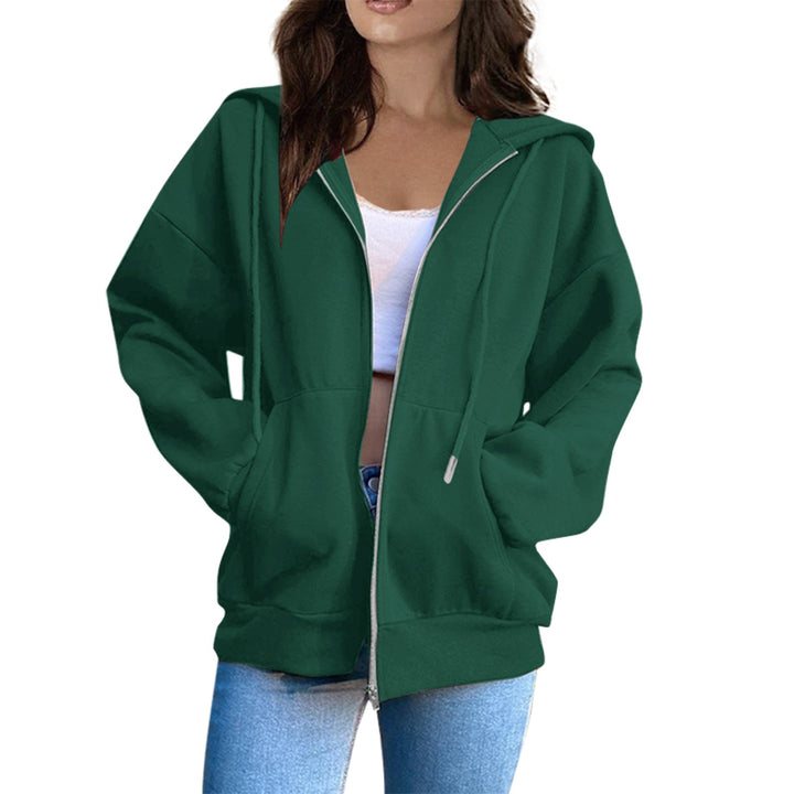 Women's Casual Hoodie Jacket with Continuous Zipper, Kangaroo Pockets, and Voluminous Raglan Sleeves
