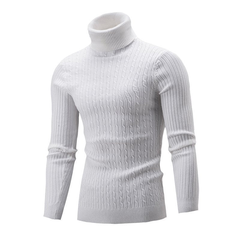 Men's Ribbed Turtleneck Sweater with Cable Knit Pattern and Form-fitting Slim-fit Silhouette