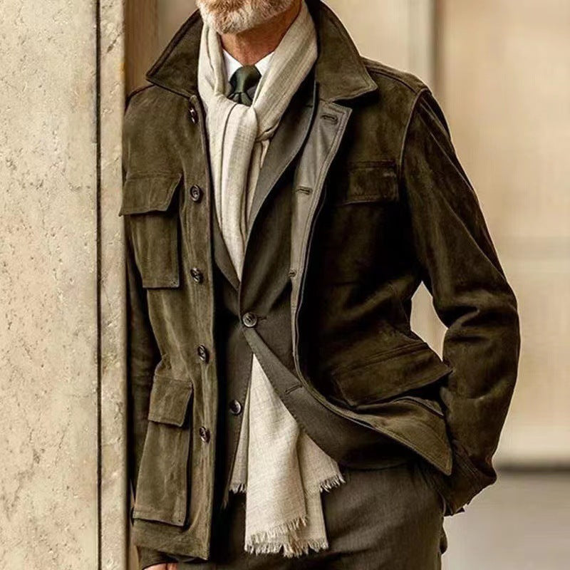 Men's Tailored Field Jacket with Tie Belt, Flap Pockets and Kent Collar