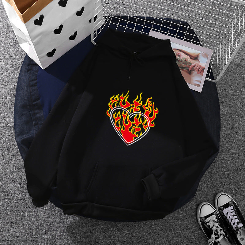 Women Light Oversized Hoodie with Heart EKG Motif, Long Cords and Elastic Cuff