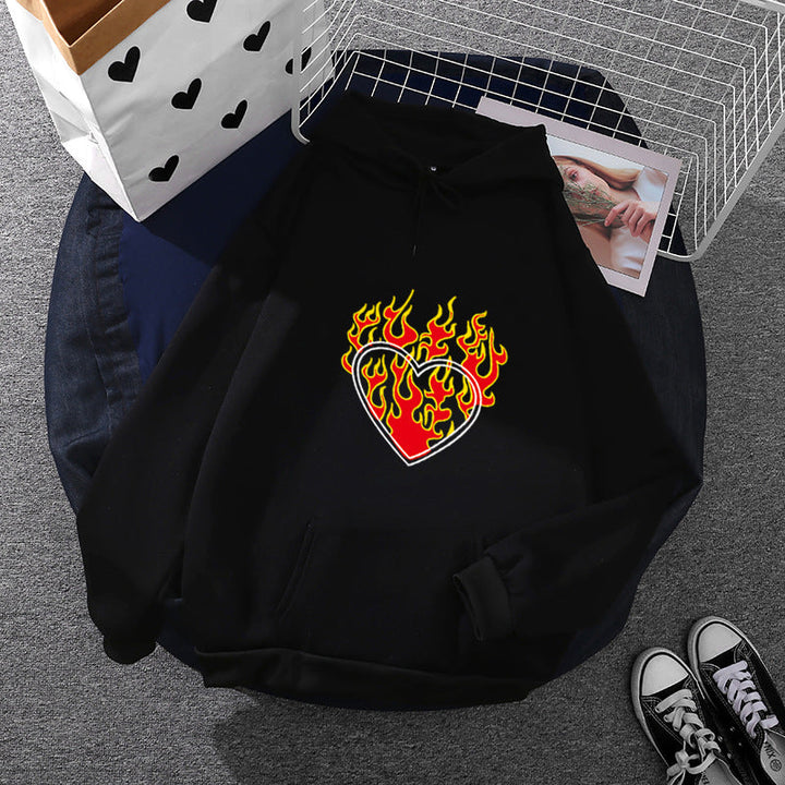 Women Light Oversized Hoodie with Heart EKG Motif, Long Cords and Elastic Cuff