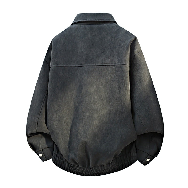 Men's Oversized Bomber Jacket in Used Effect with Stand-Up Collar, Elastic Band and Flap Pockets