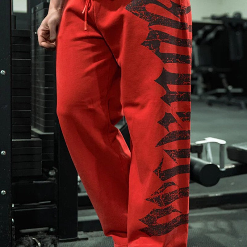 Men's Wide Sweatpants made of Brushed Fleece with Side Vintage Print and Drawstring Waistband