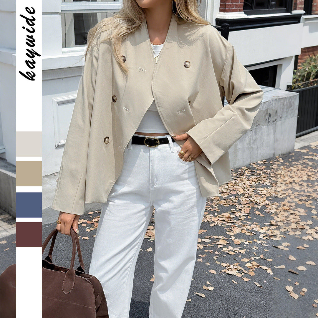 Women Short Oversized Double-breasted Transitional Jacket with Kimono-like Collar and Wide Sleeves