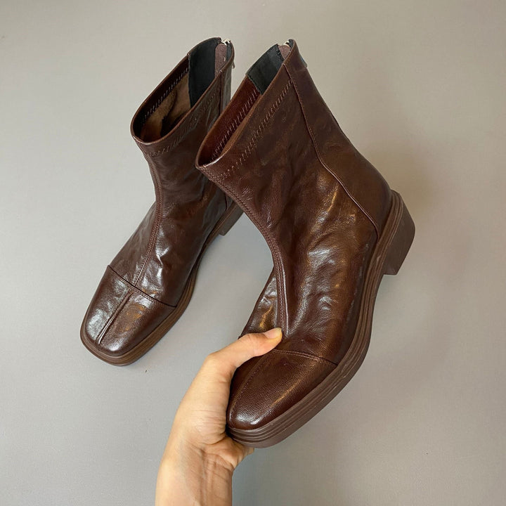 Women's Leather Boots with Square Toe and Patterned Rubber Sole