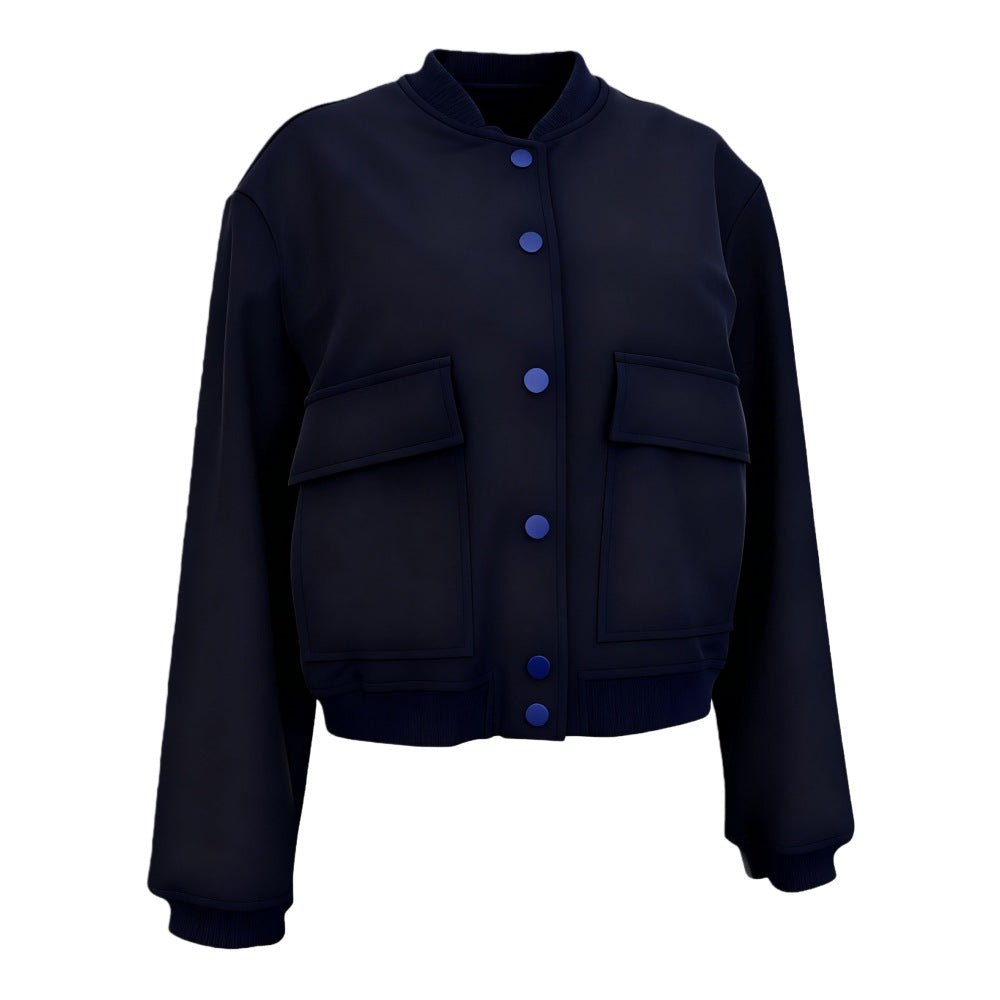 Women's Short Utility Jacket with Stand Collar, Snap Buttons and Flap Pockets