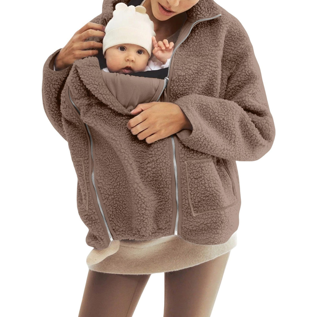 Women Baby Carrier Hoodie with Teddy Lining and Two-way Zipper