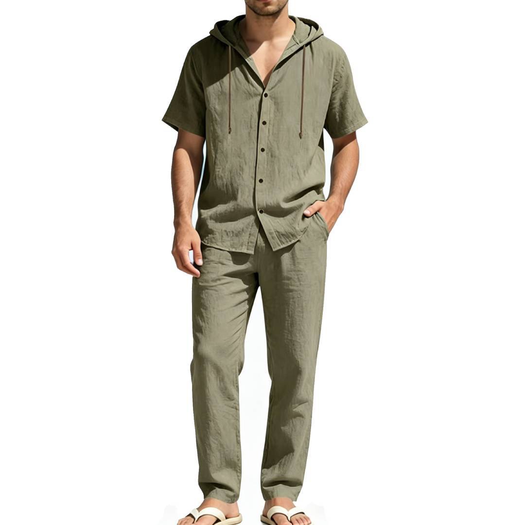 Men's Airy Linen Lounge Set with Short-sleeved Hoodie and Straight Relaxed Pants