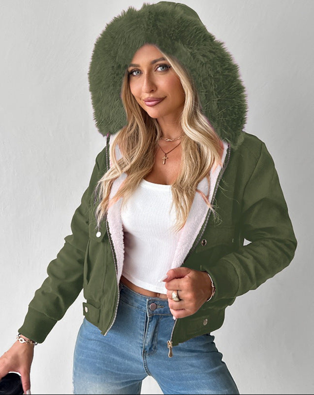 Women's Short Blouson Winter Jacket with Teddy Lining and Removable Faux Fur Hood