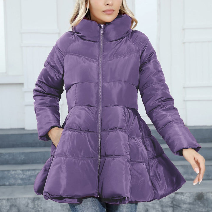 Women's Padded Quilted Coat with Flared Peplum and Stand-Up Collar