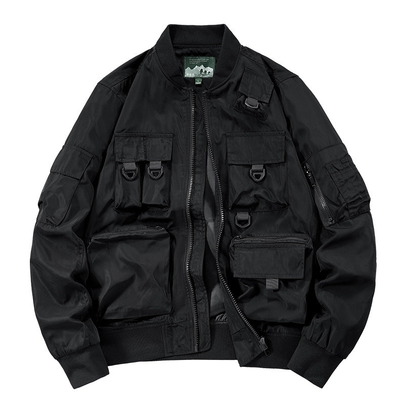 Men's Multifunctional Utility Bomber Jacket with Numerous Pockets, D-ring Details, and Wind-resistant Nylon Shell