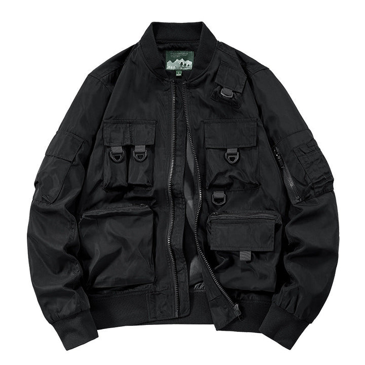 Men's Multifunctional Utility Bomber Jacket with Numerous Pockets, D-ring Details, and Wind-resistant Nylon Shell
