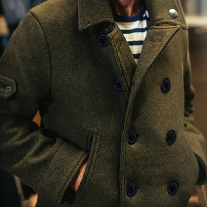 Men's Double-Breasted Wool Coat in Peacoat Style with High Collar