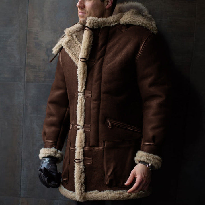 Men's Sheepskin Coat with Hood and Practical Pockets