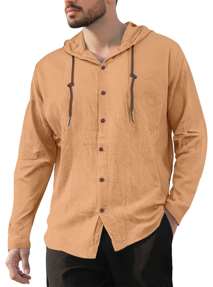 Men's Textured Linen Blend Hooded Shirt with Button Placket, Wood Buttons, and Side Slits