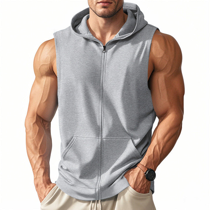 Men's Muscle-fit Training Hoodie Vest with Zipper and Kangaroo Pocket