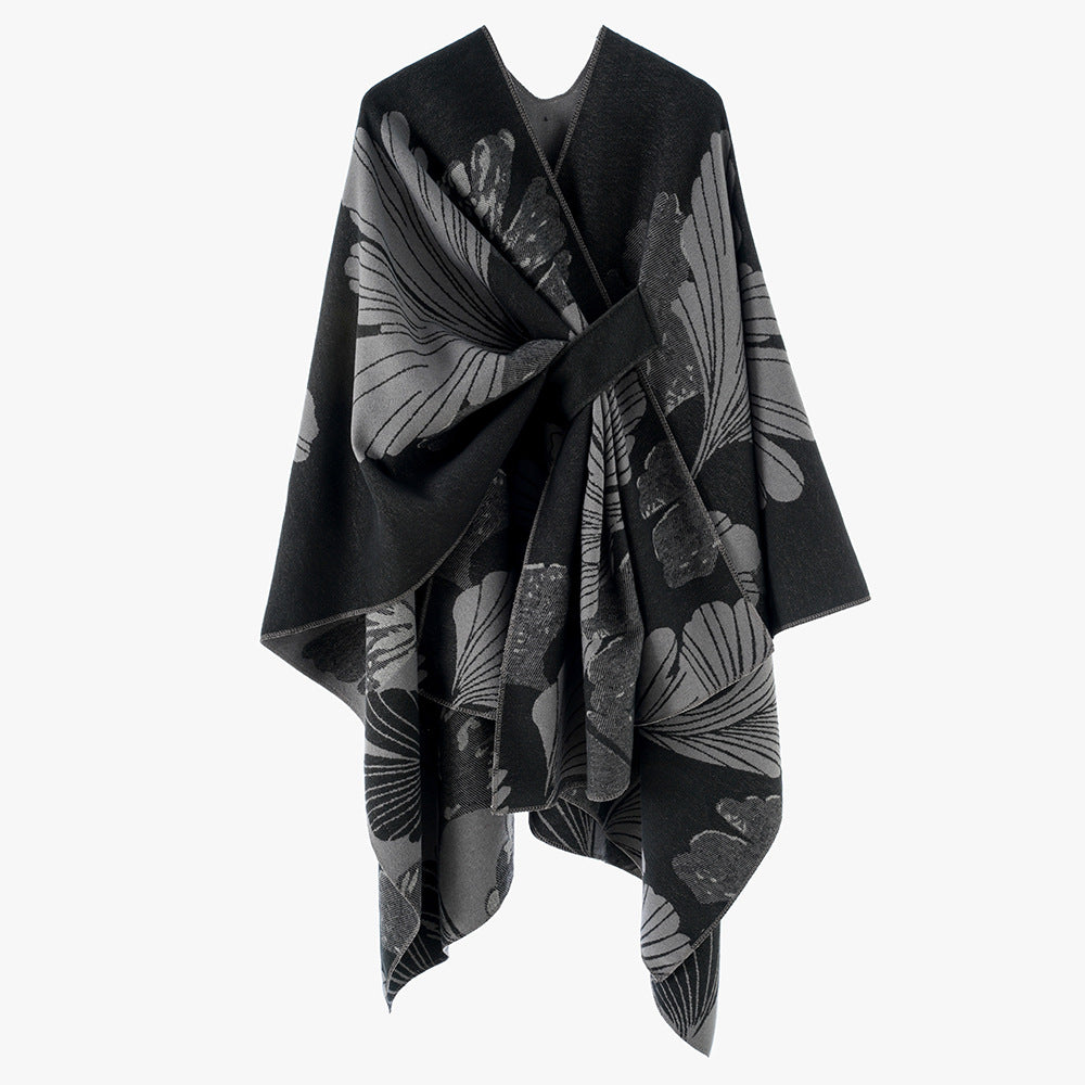 Women's Oversize Jacquard Cape made of Wool Blend with Floral Jacquard and Front Loop