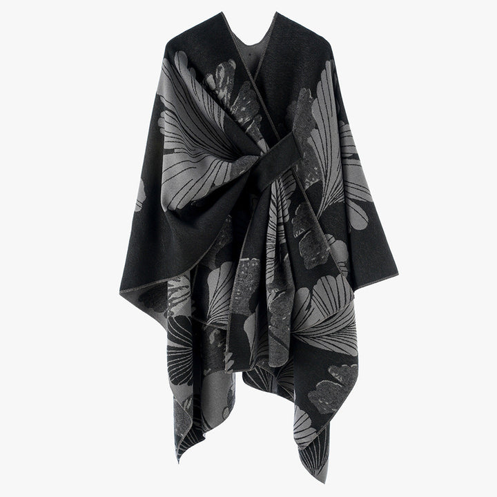 Women's Oversize Jacquard Cape made of Wool Blend with Floral Jacquard and Front Loop